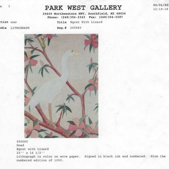 "Egret with Lizard" by Goad Lithograph - Picture 8 of 9